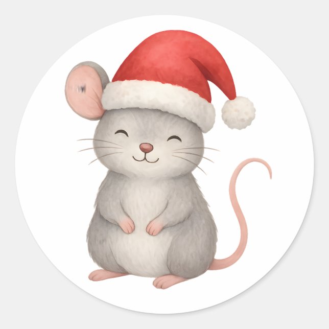 Adesivo Redondo Cute Christmas Mouse in Santa Hat (Frente)