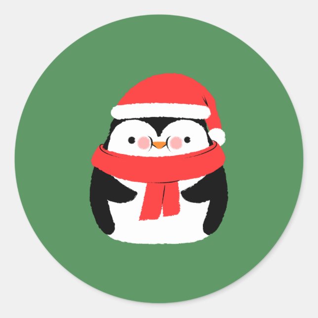 Adesivo Redondo Cute Christmas Penguin in Santa Hat Custom  (Frente)