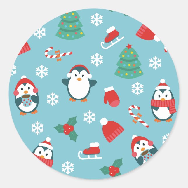 Adesivo Redondo Cute Christmas Penguins Pattern (Frente)