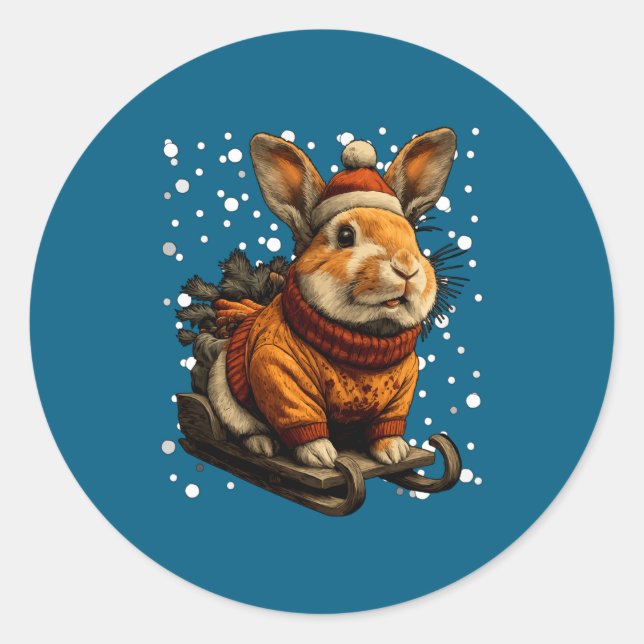 Adesivo Redondo Cute Christmas Rabbit Sledding In Snow Funny Winte (Frente)