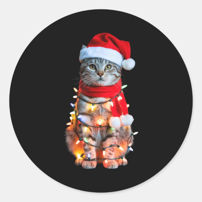 Adesivo Redondo Cute Christmas Tabby Cat In Lights Santa Hat For K (Frente)