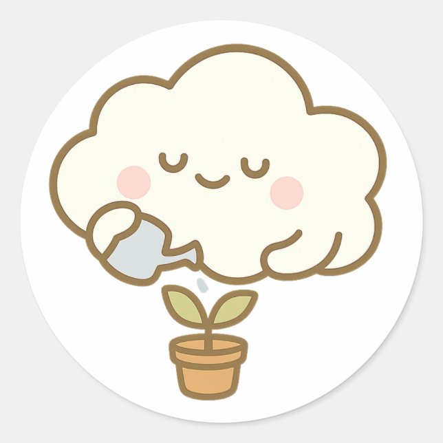 Adesivo Redondo Cute Cloud Watering a Plant – Transparent Sticker (Frente)