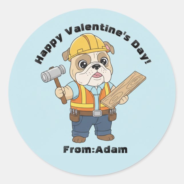Adesivo Redondo Cute Construction Bulldog  Valentine  (Frente)