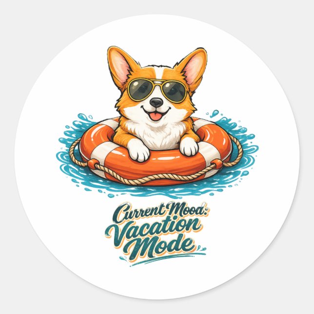 Adesivo Redondo Cute Corgi "Vacation Mode" Summer Design (Frente)