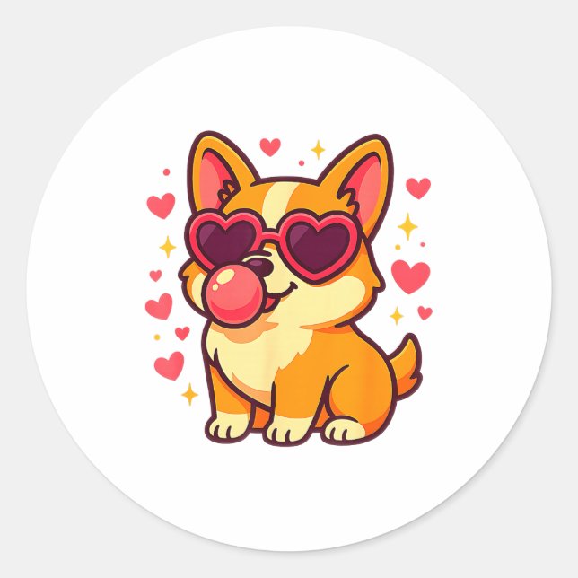 Adesivo Redondo Cute Corgi Valentine Puppy With Heart Sungles  (Frente)