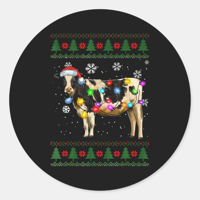Adesivo Redondo Cute Cow Santa Christmas Lights Ugly Xmas Sweater  (Frente)