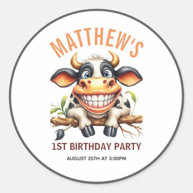Adesivo Redondo Cute Crazy Cow Farm Theme 1st Birthday (Frente)