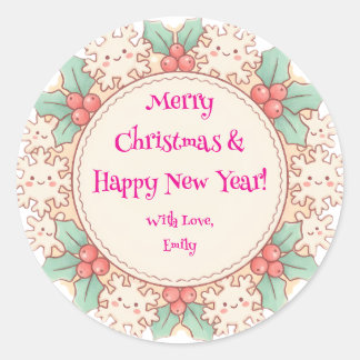 Adesivo Redondo Cute Custom Merry Christmas & Happy New Year Holly
