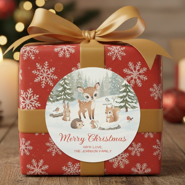 Adesivo Redondo Cute Deer and Woodland Animals Merry Christmas (Criador carregado)