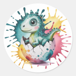 Adesivo Redondo Cute Dinosaur with Watercolor Splash Baby Shower