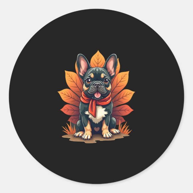 Adesivo Redondo Cute Dog Frenchie Thanksgiving Kids Teen Girl Boy  (Frente)
