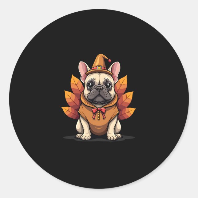 Adesivo Redondo Cute Dog Frenchie Thanksgiving Kids Teen Girl Boy  (Frente)