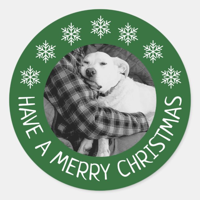 Adesivo Redondo Cute Dog with Dad Photo Merry Christmas Green (Frente)