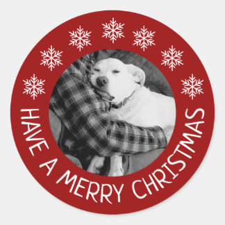 Adesivo Redondo Cute Dog with Dad Photo Merry Christmas Red