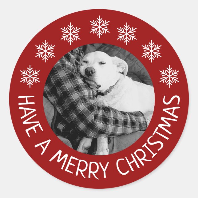 Adesivo Redondo Cute Dog with Dad Photo Merry Christmas Red (Frente)