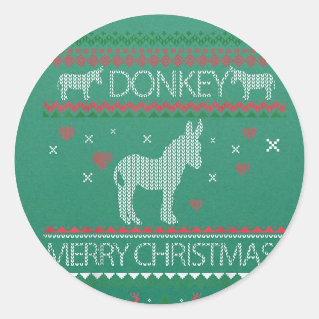 Adesivo Redondo Cute Donkey Ugly Sweater Christmas Holiday Winter (Frente)