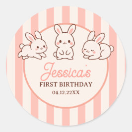 Adesivo Redondo Cute Easter Bunnies Pink Girl 1st Birthday Party