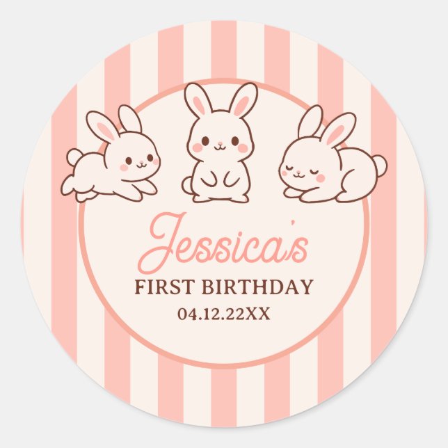 Adesivo Redondo Cute Easter Bunnies Pink Girl 1st Birthday Party (Frente)