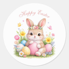 Adesivo Redondo Cute Easter Bunny Rabbit Pink Blush Peony