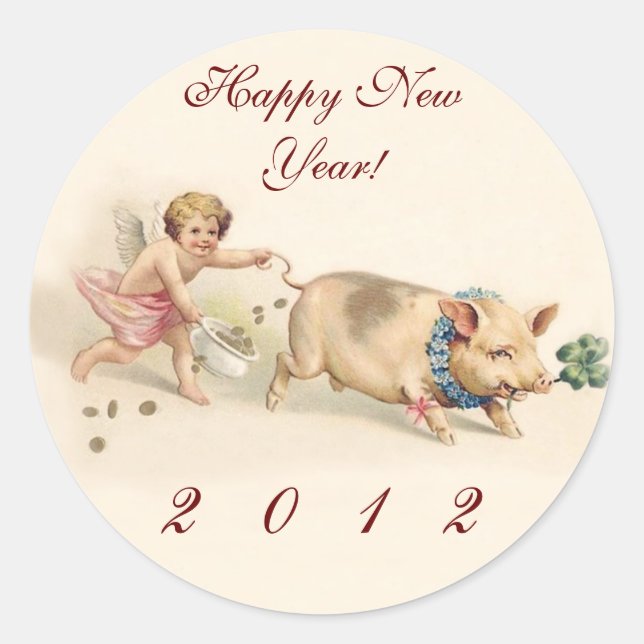Adesivo Redondo Cute Engraçado Pig and Angel - Feliz ano novo 2012 (Frente)