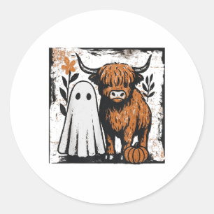 Adesivo Redondo Cute Fall Highland Cow Ghost Spooky Season Engraça