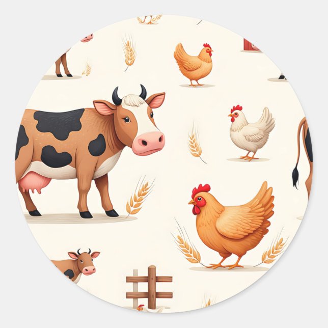 Adesivo Redondo Cute Farm Animals Barn Pattern (Frente)