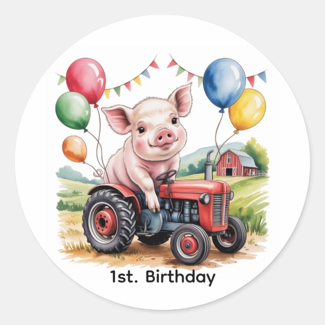 Adesivo Redondo Cute Farm Pig On A Tractor 1st. Birthday Party (Frente)