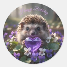 Adesivo Redondo Cute February Hedgehog with Amethyst Heart