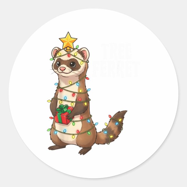 Adesivo Redondo Cute Ferret Wrapped In Christmas Lights Holiday Xm (Frente)