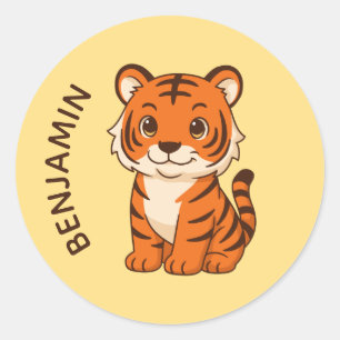 Adesivo Redondo Cute Filhote de Tigre Nome Personalizado Amarelo