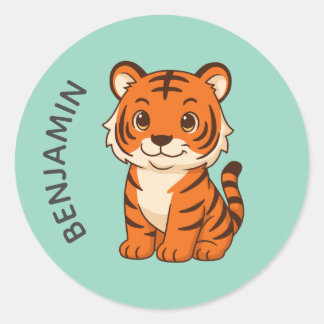 Adesivo Redondo Cute Filhote de Tigre Nome Personalizado Verde