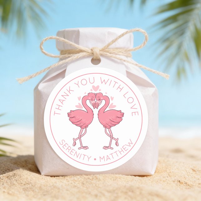 Adesivo Redondo Cute Flamingos Tropical Beach Wedding Thank You (Criador carregado)