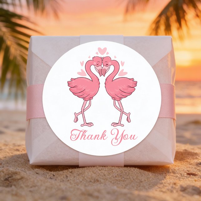 Adesivo Redondo Cute Flamingos Tropical Beach Wedding Thank You (Criador carregado)