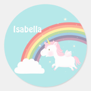 Adesivo Redondo Cute Flying Unicorn Rainbow Personalizado