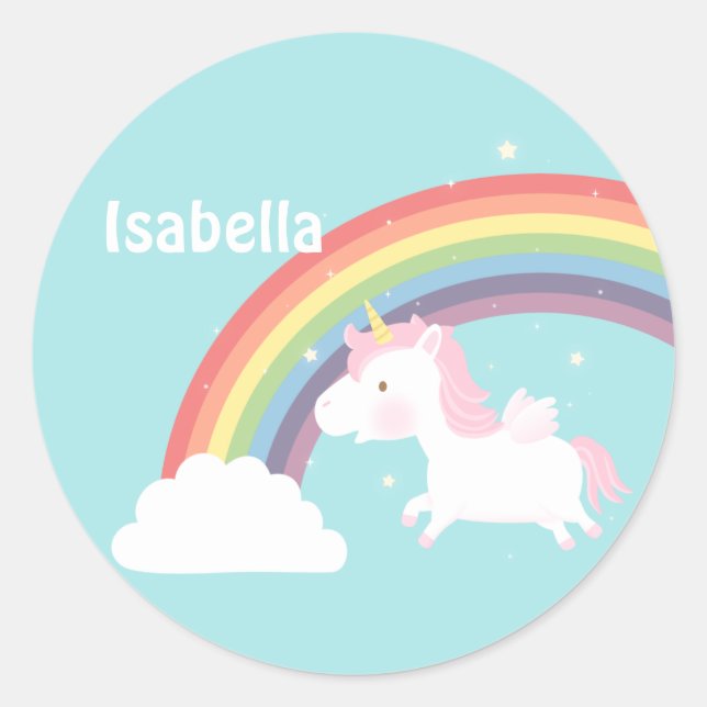 Adesivo Redondo Cute Flying Unicorn Rainbow Personalizado (Frente)