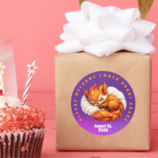 Adesivo Redondo Cute Fox Cub Asleep in Starry Night Sky (Festa)