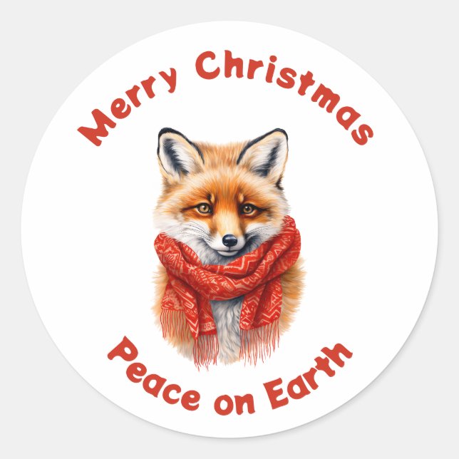 Adesivo Redondo Cute Fox in a Red Scarf Christmas Peace (Frente)