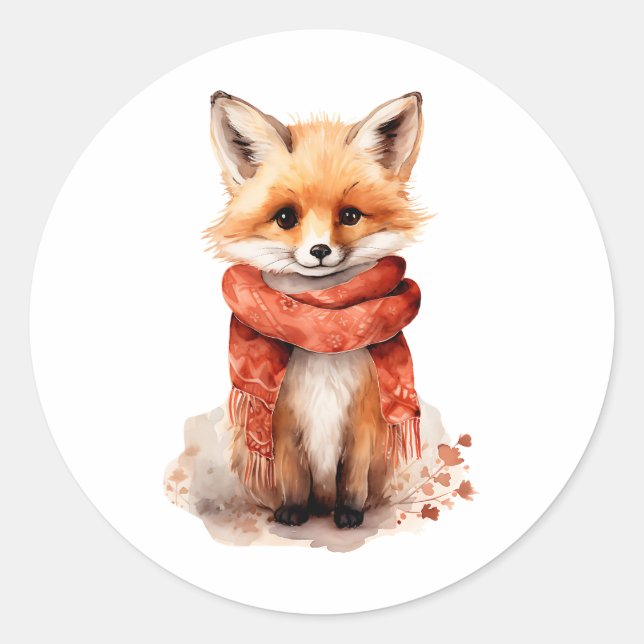 Adesivo Redondo Cute Fox Pup in a Red Scarf (Frente)