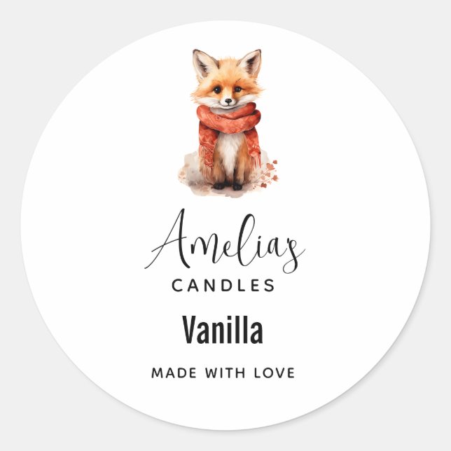 Adesivo Redondo Cute Fox Pup in a Red Scarf Candle Business (Frente)