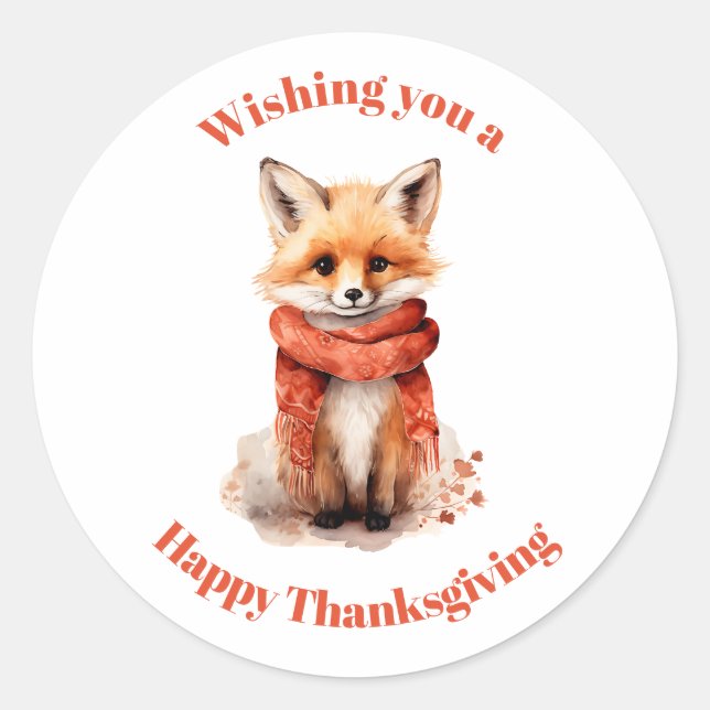 Adesivo Redondo Cute Fox Pup in a Red Scarf Thanksgiving (Frente)