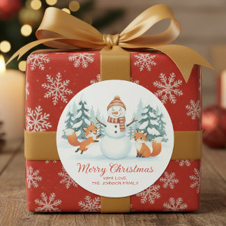 Adesivo Redondo Cute Foxes and Snowman Merry Christmas