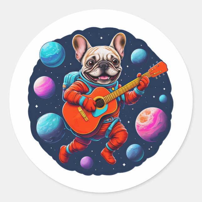 Adesivo Redondo Cute French Bulldog Astronaut Playing Guitar – Fun (Frente)