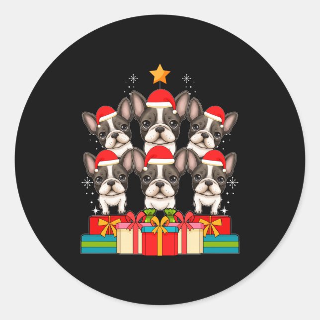 Adesivo Redondo Cute French Bulldog Le Frenchie Christmas Tree Xma (Frente)