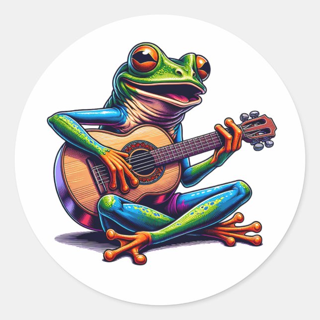 Adesivo Redondo Cute Frog Playing a Guitar (Frente)