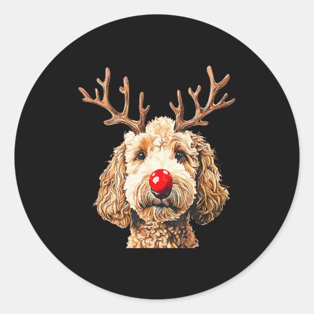 Adesivo Redondo Cute Funny Reindeer Santa Goldendoodle Christmas T (Frente)