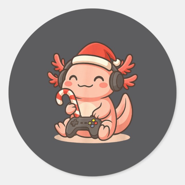Adesivo Redondo Cute Gamer Axolotl Christmas Design  (Frente)