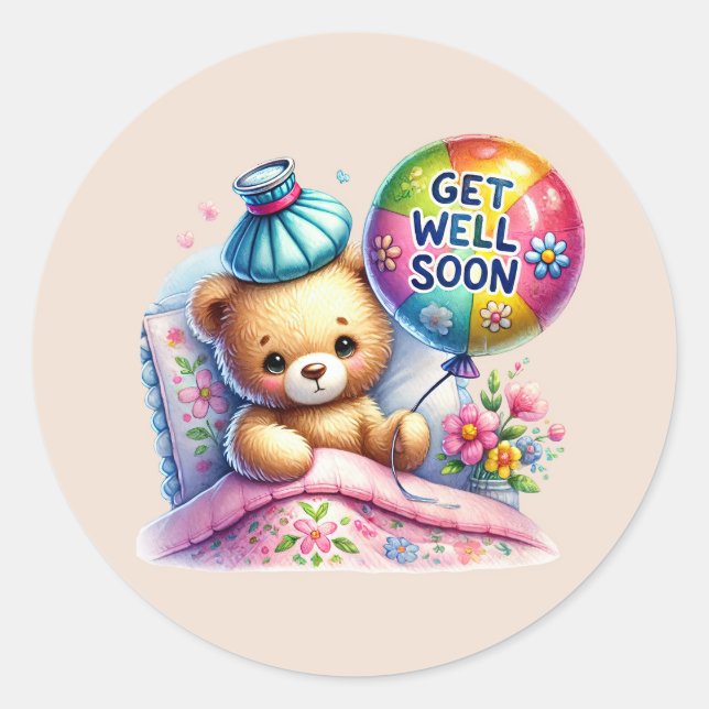 Adesivo Redondo Cute get well soon bear  (Frente)