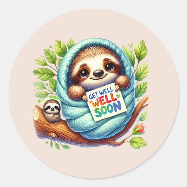 Adesivo Redondo Cute get well soon sloth (Frente)