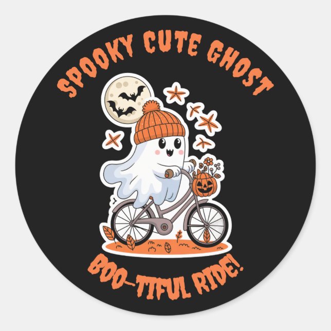 Adesivo Redondo Cute Ghost Halloween - Adorable Biking Ghost (Frente)