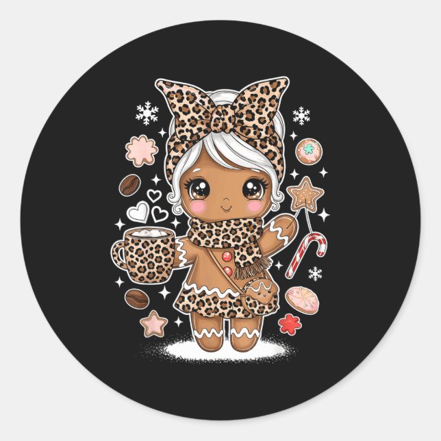 Adesivo Redondo Cute Gingerbread Leopard Christmas Xmas Girl Women (Frente)